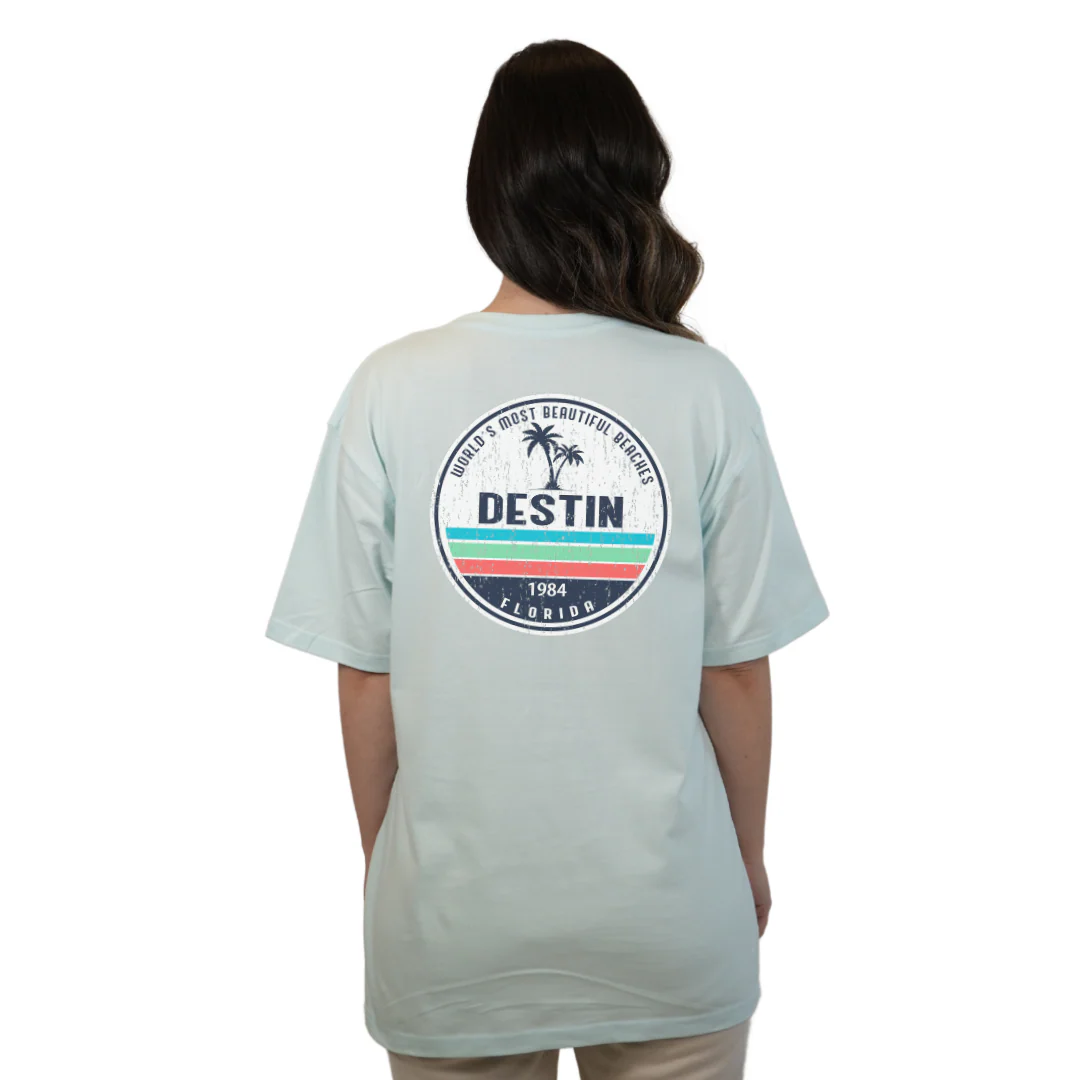 Destin Florida Combed Cotton Women T-Shirt with a Front Pocket Design and back big circle 2 Palm Trees 1915 Design Style CC1000 - Image 6