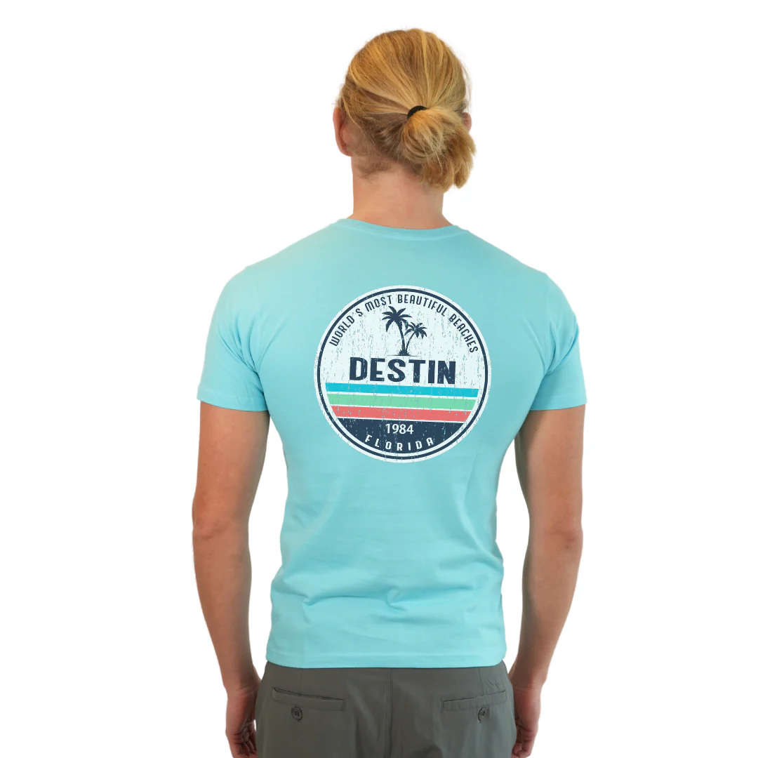 Destin Florida Combed Cotton Men T-Shirt with a Front Pocket Design and back big circle 2 Palm Trees 1915 Design Style CC1000 - Image 16