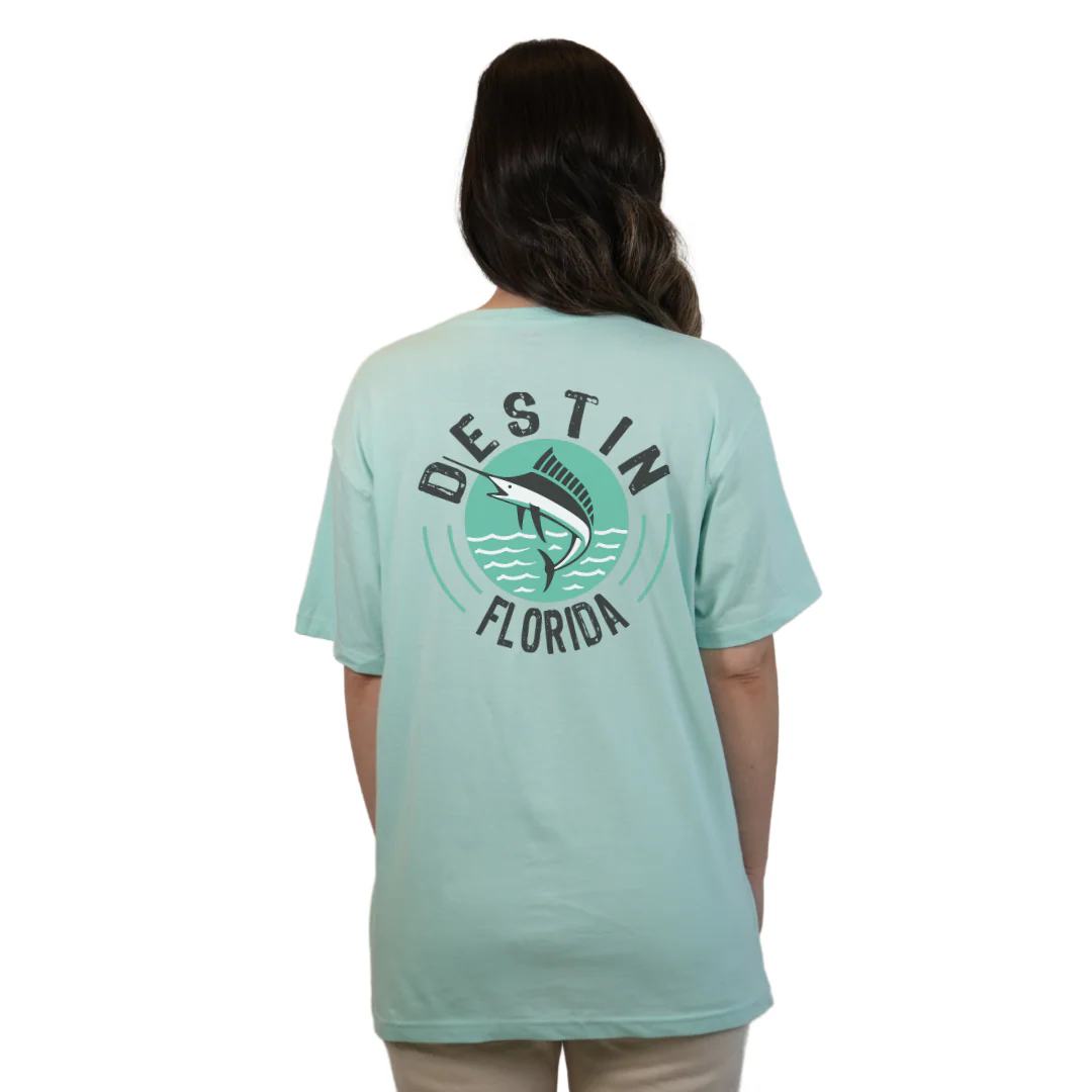 Destin Florida Combed Cotton Women T-Shirt with a Front Pocket Design and back big Marlin Design Style CC1000 - Image 4
