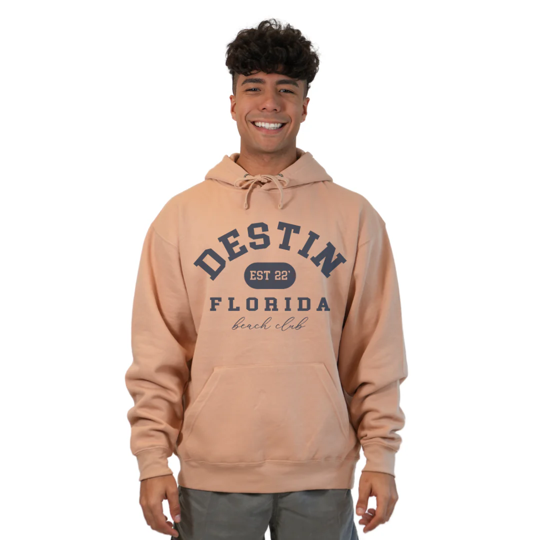 Destin Florida Pullover Hoodie Men with Big Front Destin Est 22 Florida Beach Club Design Style 252 - Image 5